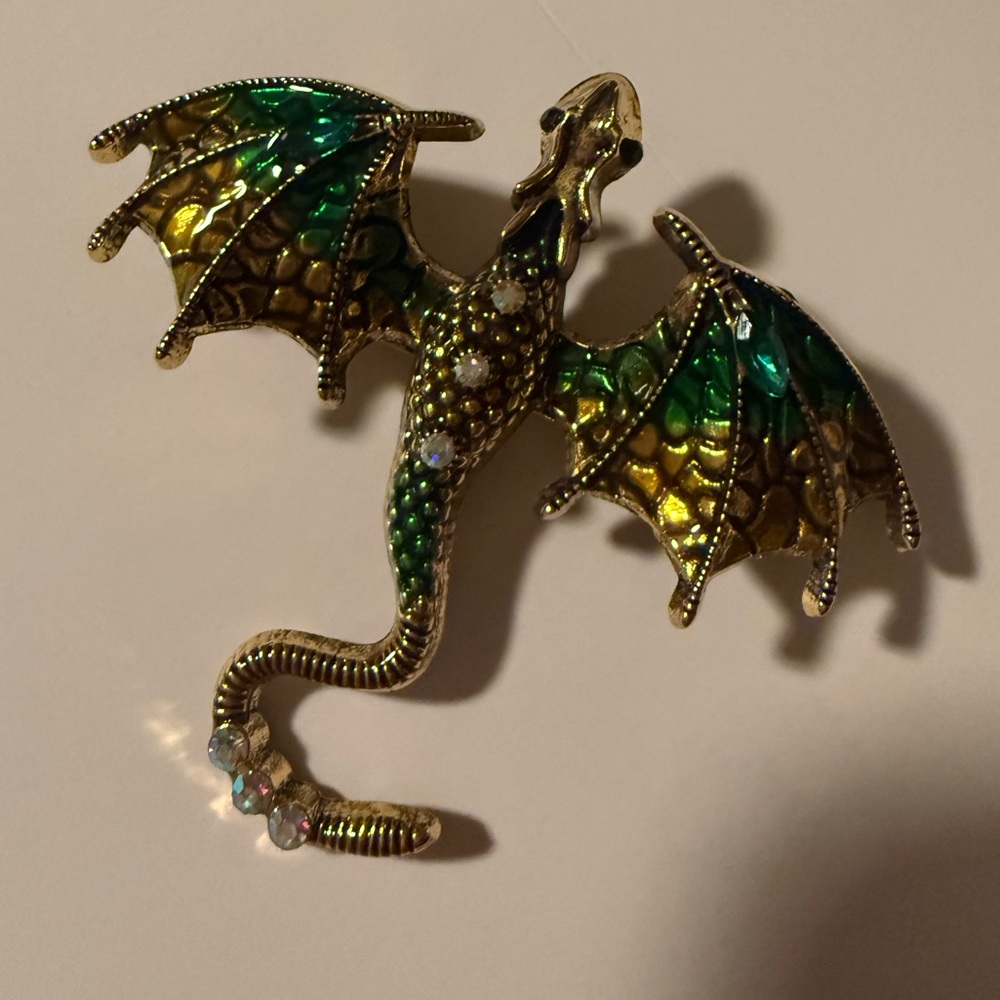 Dragon Brooch, Green & Gold, Iridescent Rhinestones, Gothic and Sparkle